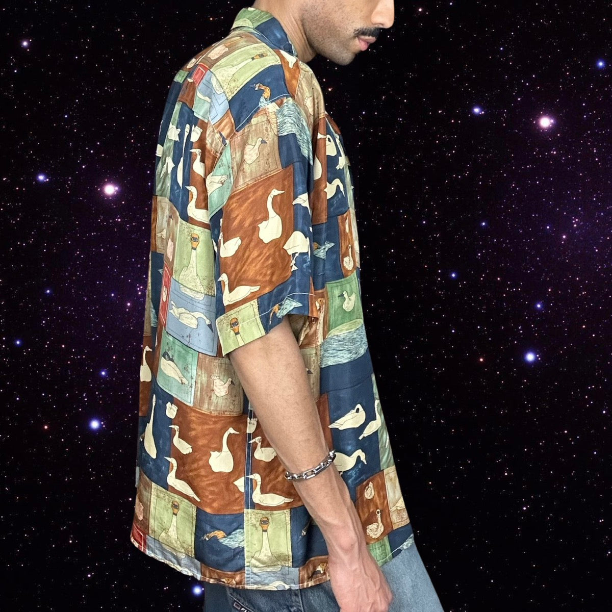 VINTAGE BURMA BIBAS SILK SWAN SHIRT_XL