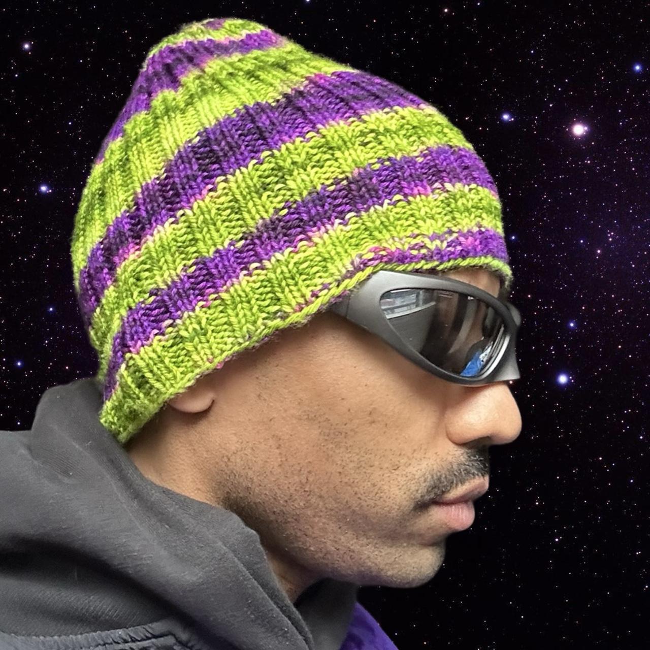 Vintage Handknit Purple and Green Striped Beanie, right