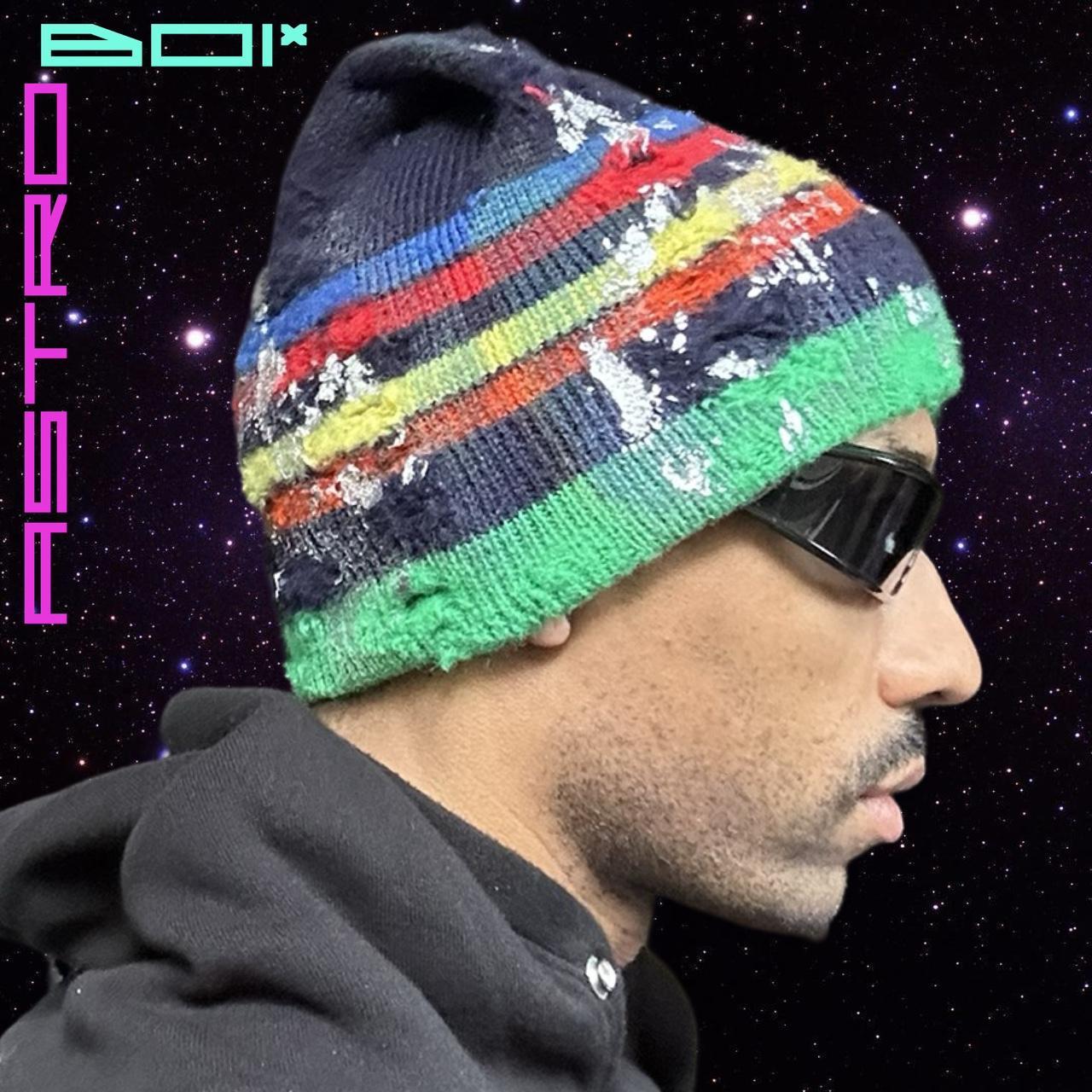 ASTROBOI* PRIMARY STRIPES BLUE METALLIC PAINT WOOL GRUNGE BEANIE