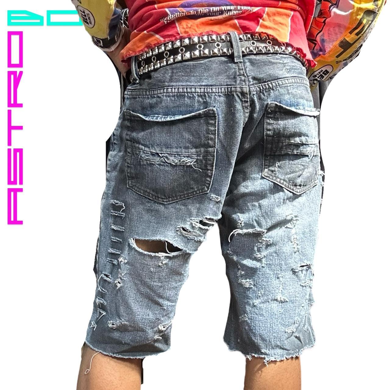 ASTROBOI* RIPPED BLACK & BLUE DENIM SHORTS - 36" WAIST