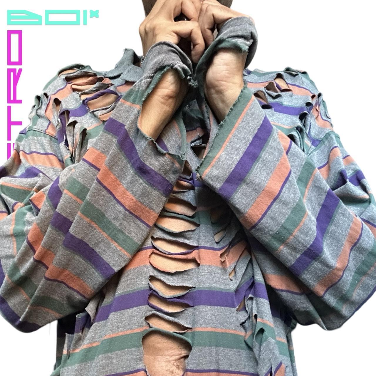 ASTROBOI* GRAY RIPPED GRUNGE STRIPED LONG SLEEVE OVERSIZED POLO SHIRT _ XL