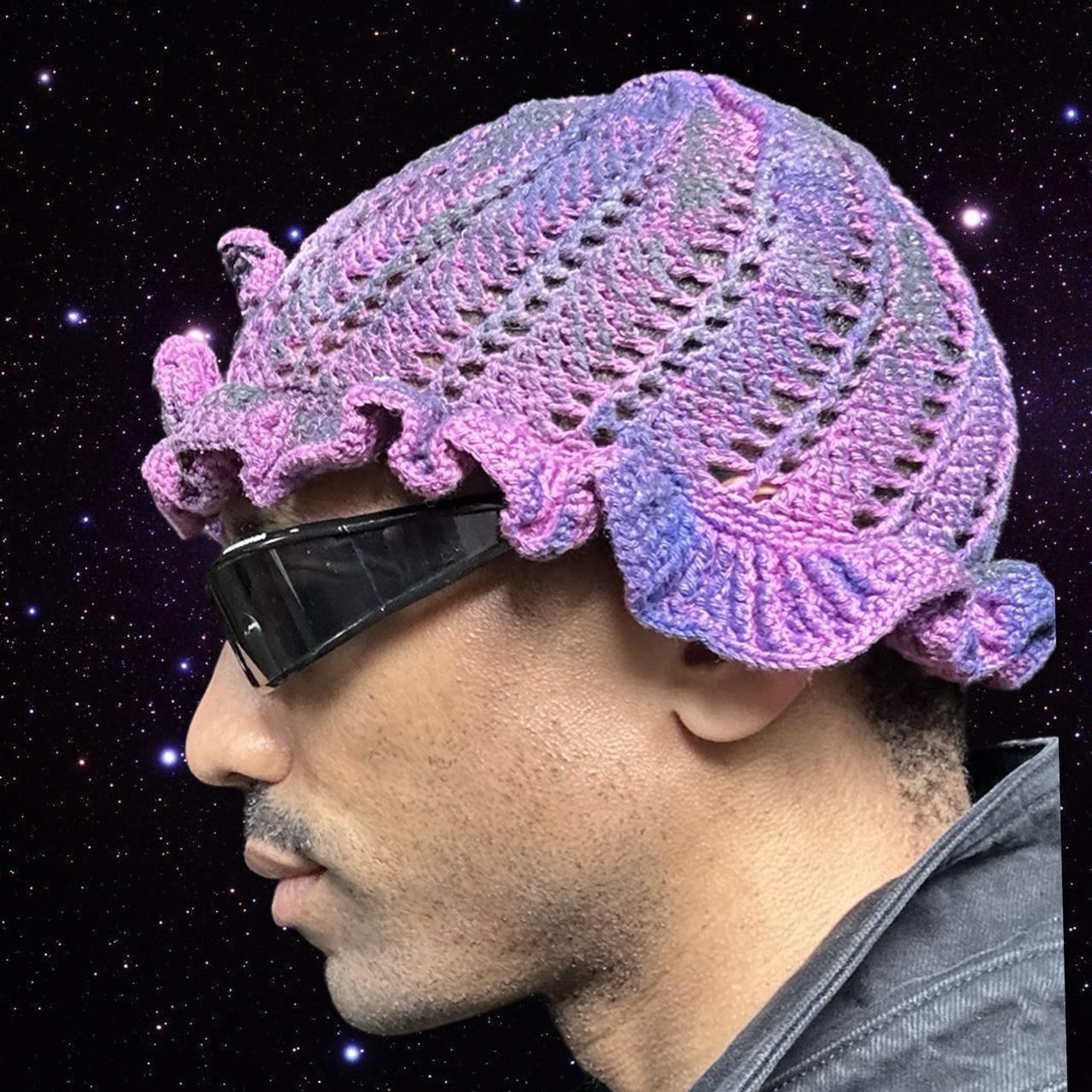 ASTROBOI Pink Hand-Knit Floral Frill Beanie - left