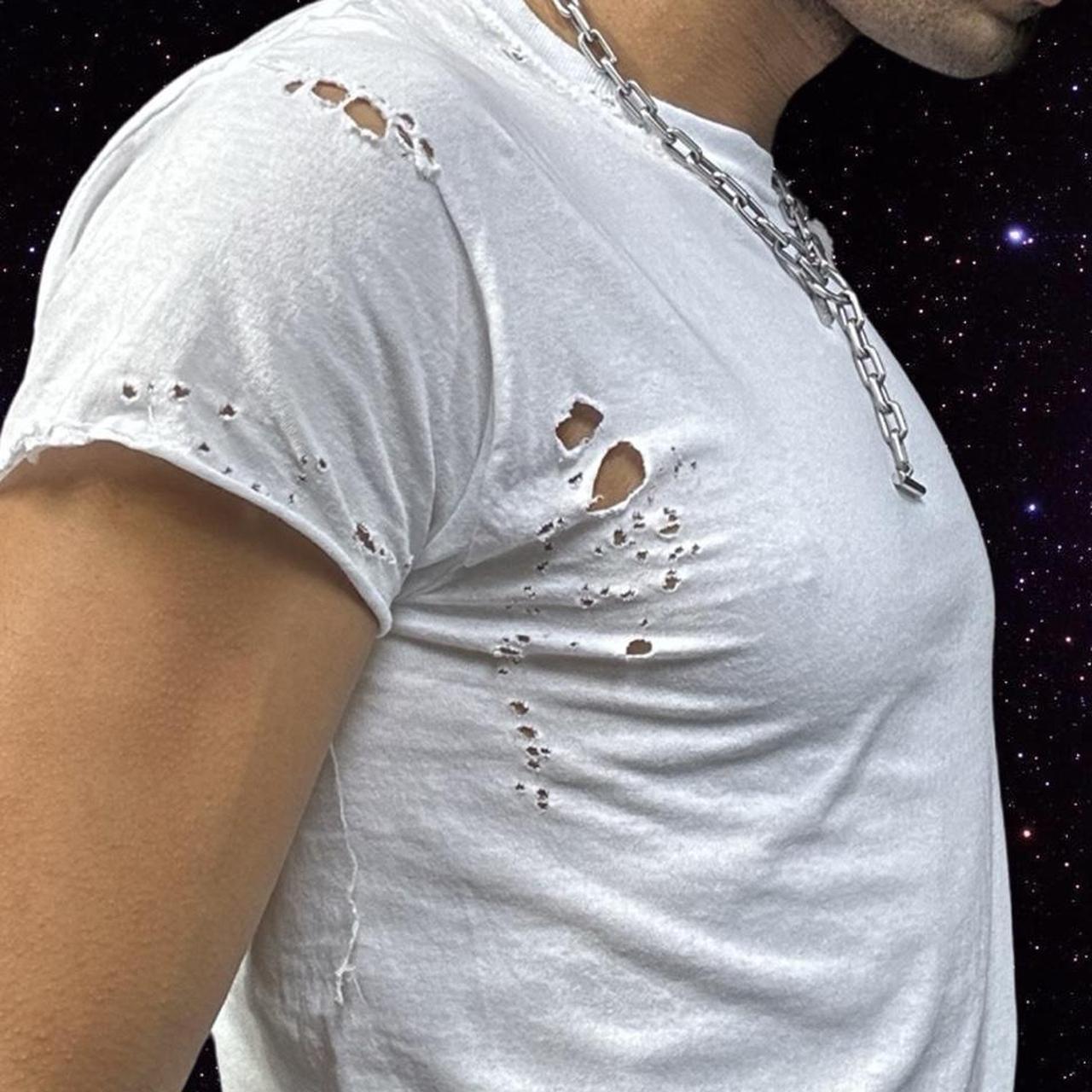 ASTROBOI* x Hanes Perfect White Ripped Grunge T-shirt - right close up