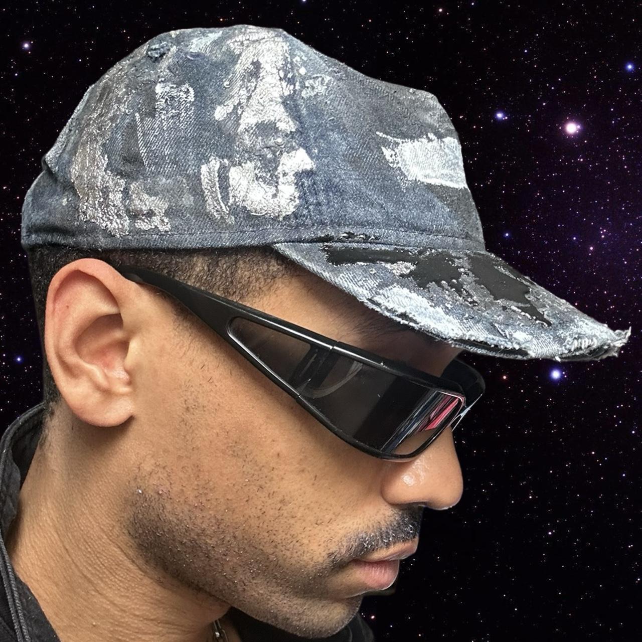 ASTROBOI* 'Denim Tar' Blue Distressed Painted Rhinestone Resin Hat - right