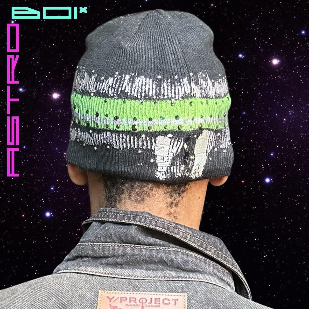 ASTROBOI* GREY BEANIE WITH SLIME GREEN STRIPE AND RHINESTONES