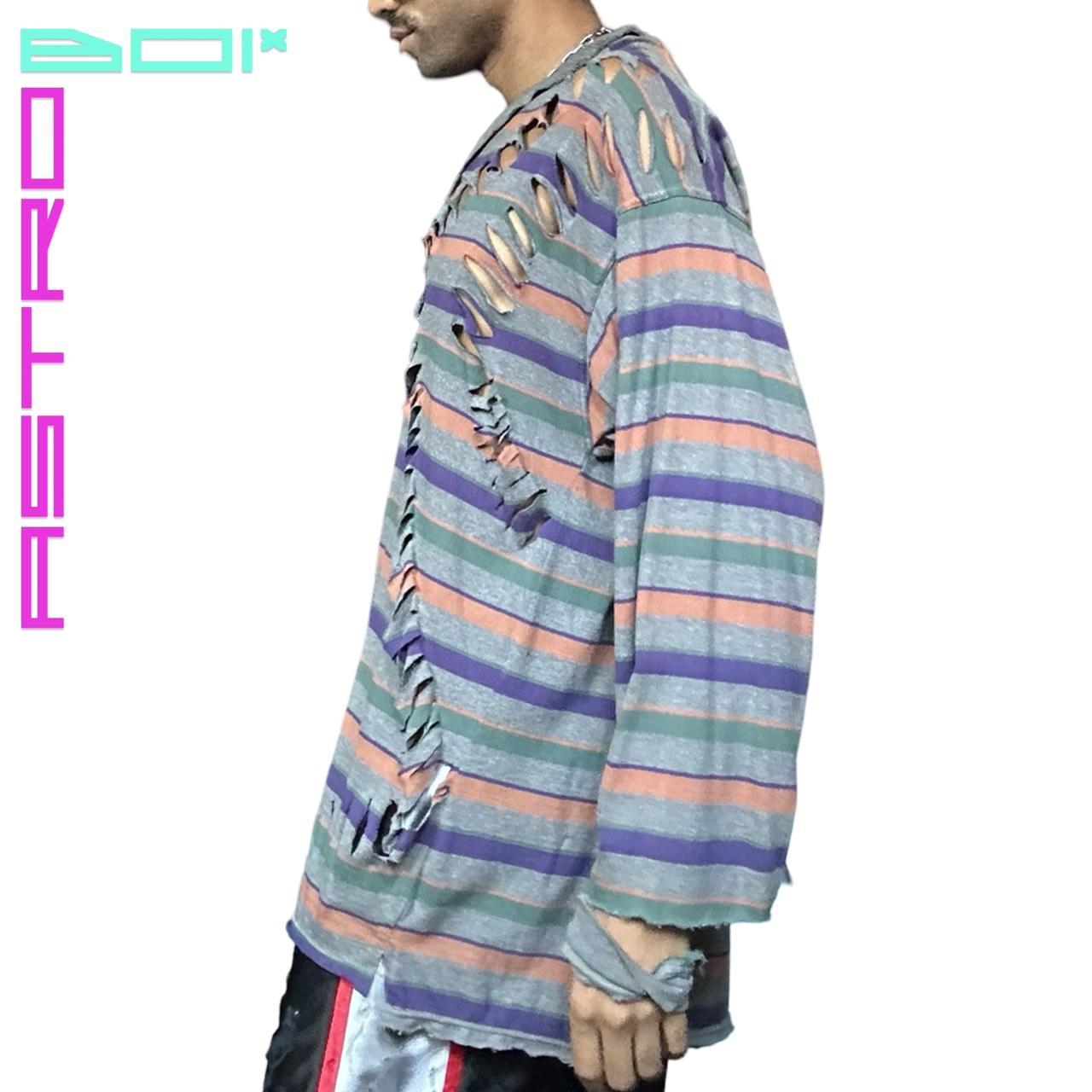 ASTROBOI* GRAY RIPPED GRUNGE STRIPED LONG SLEEVE OVERSIZED POLO SHIRT _ XL