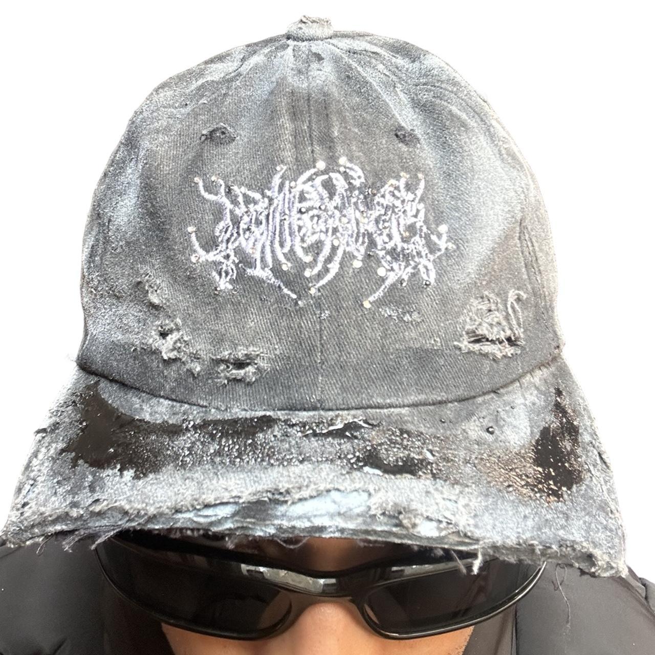 ASTROBOI* 'Chalk' Black Distressed Half Visor Resin Rhinestone Hat - close up