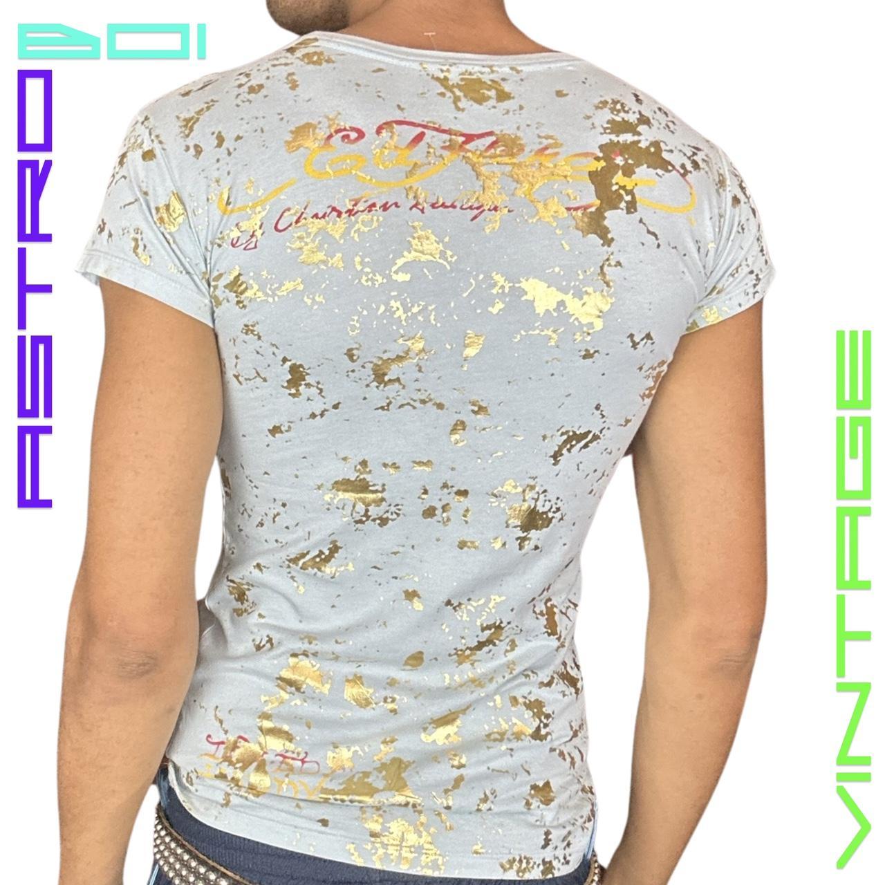 VINTAGE ED HARDY GOLD FOILED TATOO PRINT T-SHIRT _ BABYBLUE _ SMALL