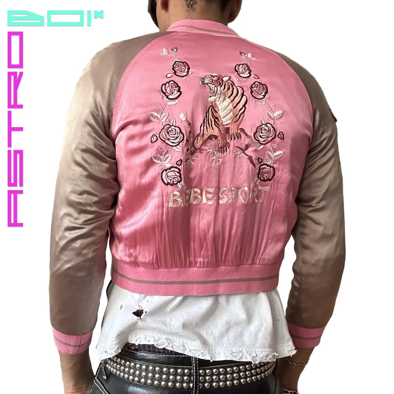 VINTAGE Y2K BEBE SPORT TAN AND PINK SILKY EMBROIDERED SOUVENIR JACKET_ SMALL