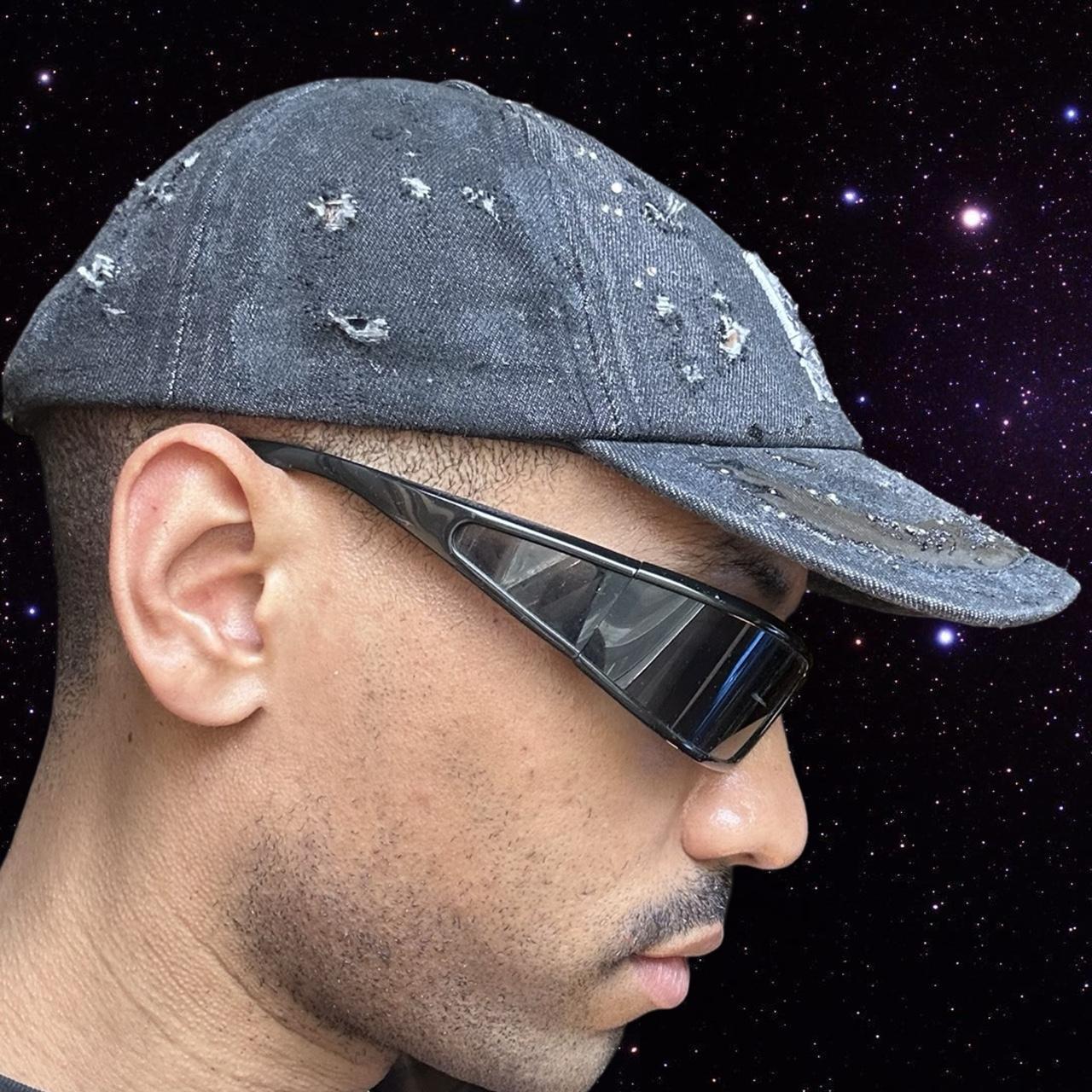 ASTROBOI* New York Black Distressed Denim Resin & Rhinestone Hat - right