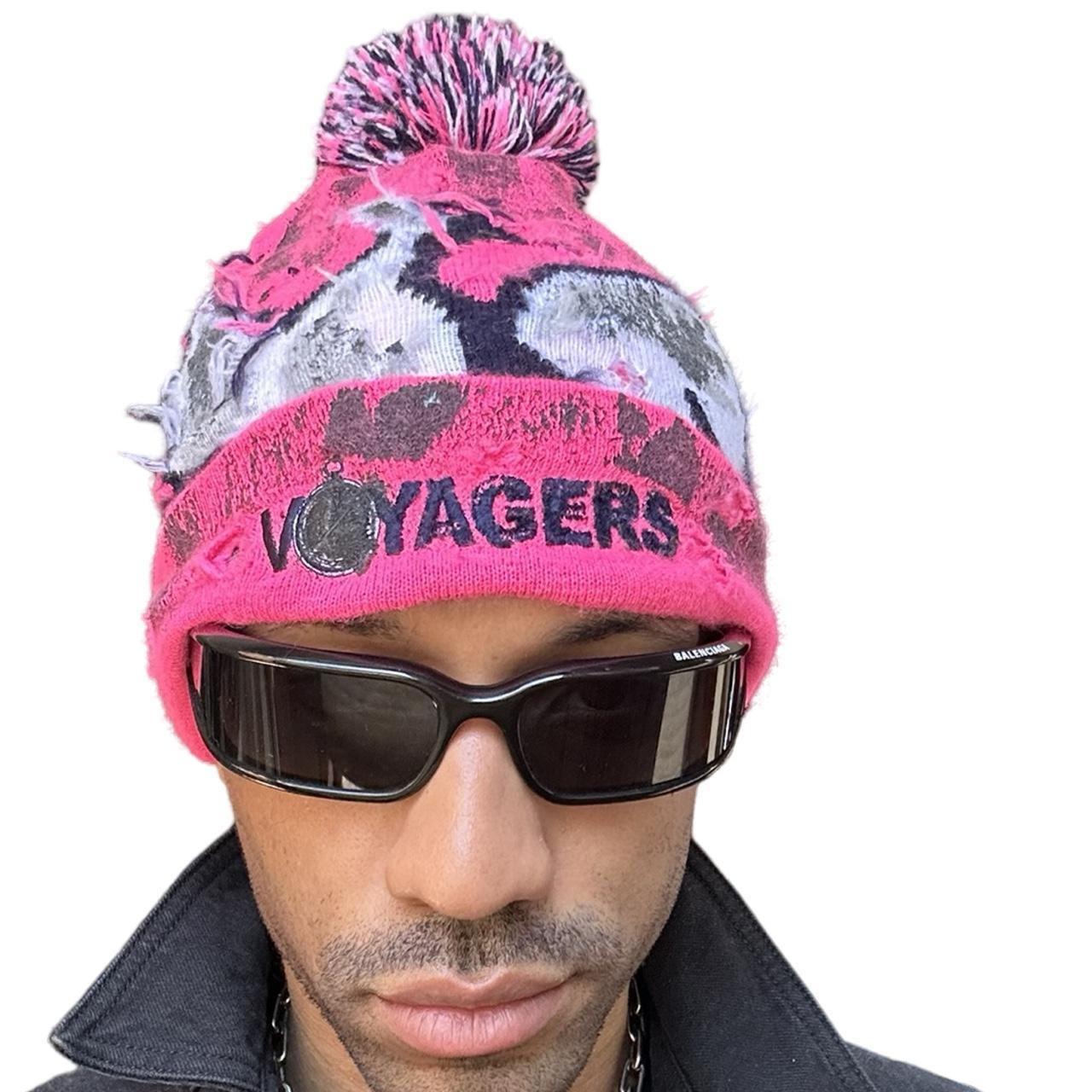 ASTROBOI* 'VOYAGER' Pink Distressed Swan Pom Pom Beanie, overview