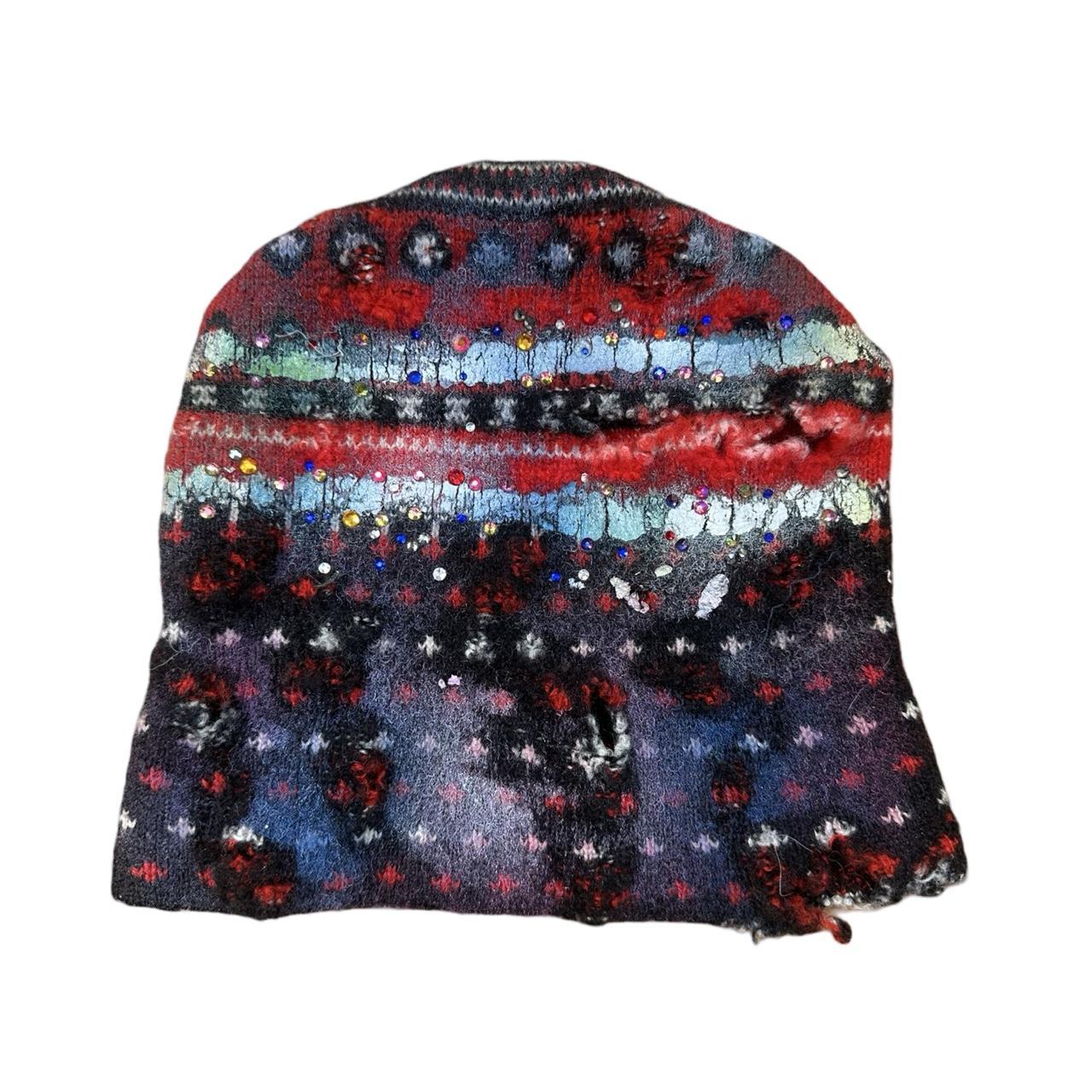 ASTROBOI* Distressed Fair Isle Black Rhinestone Beanie, front flat