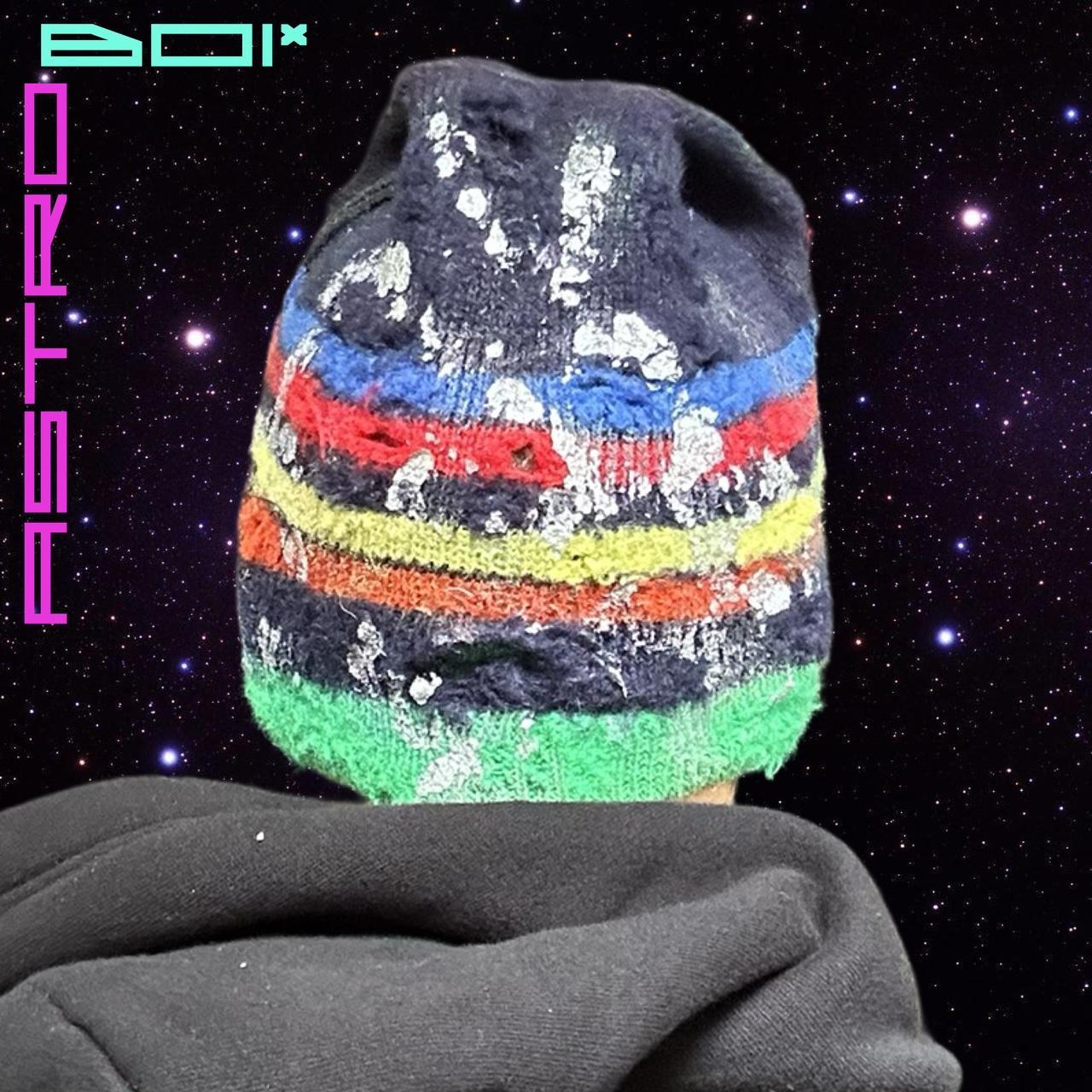 ASTROBOI* PRIMARY STRIPES BLUE METALLIC PAINT WOOL GRUNGE BEANIE