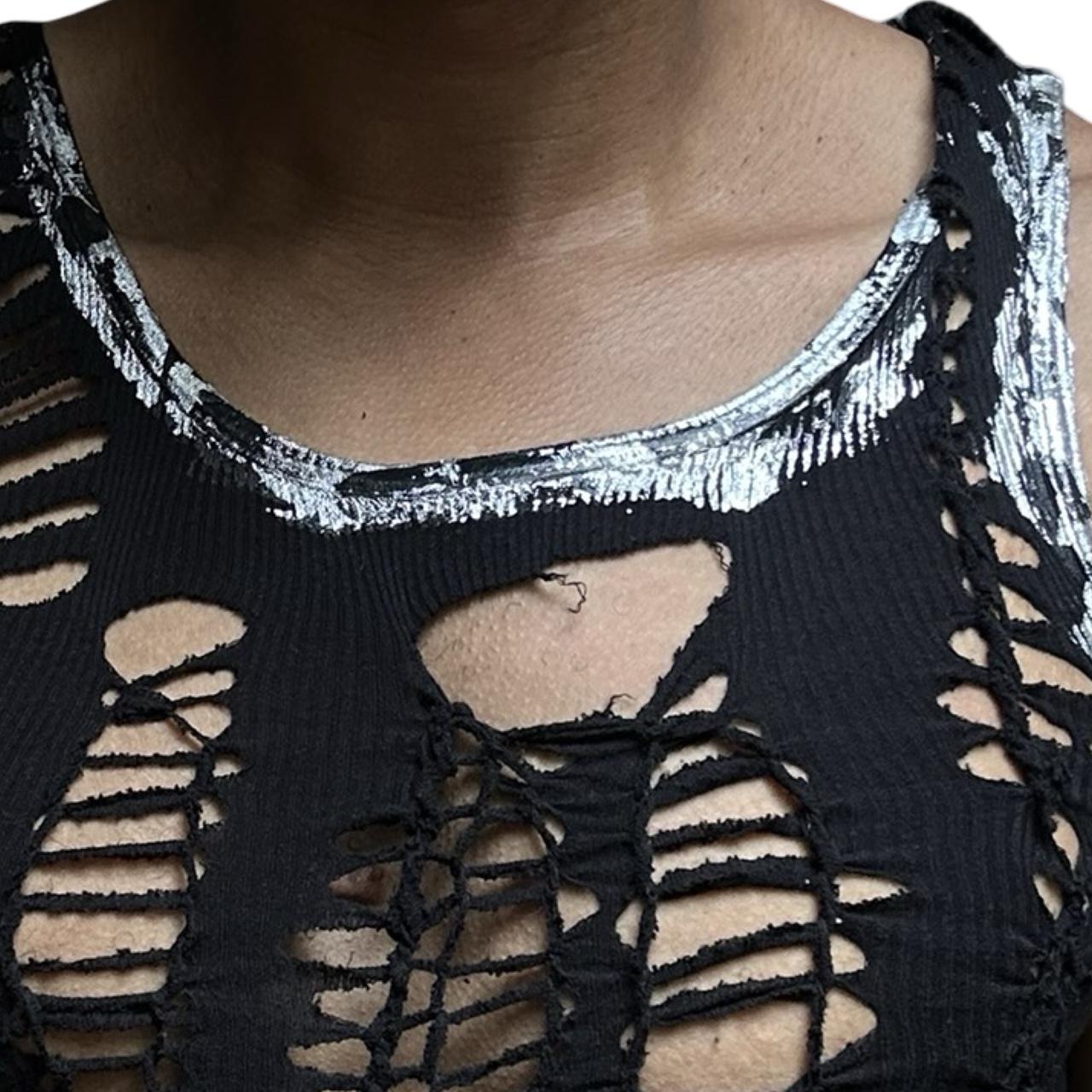ASTROBOI* 'Zinc' Silver Foiled Black Braided Twist Tank Top – neckline detail