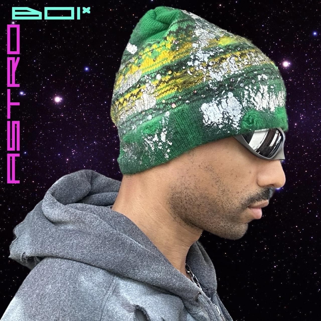 ASTROBOI* 'LIME DECAY' GREEN FAIR ISLE RIPPED GRUNGE BEANIE HAT