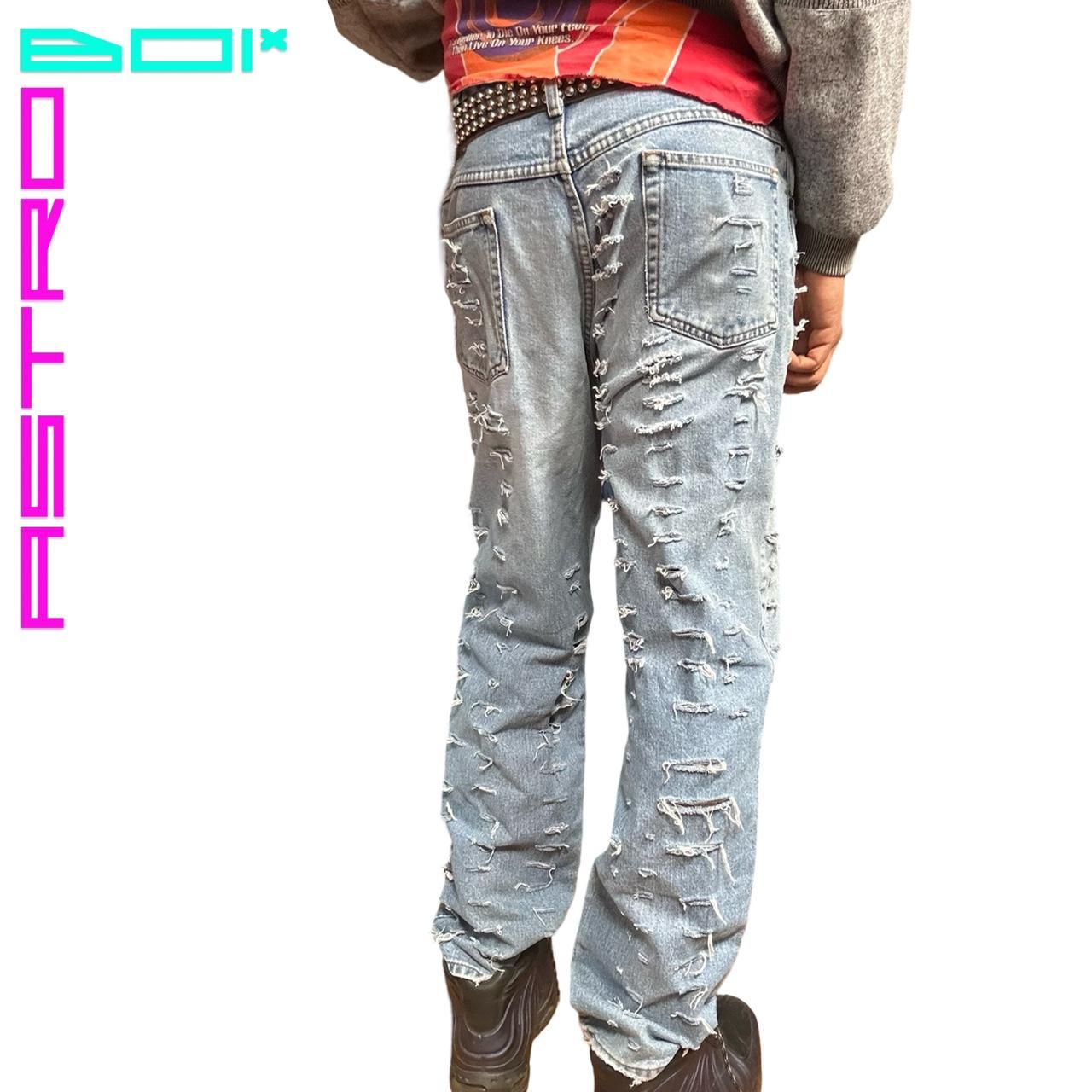 ASTROBOI* CUSTOM LIGHT BLUE RIPPED HYPER FADED JEANS _ 35x34"