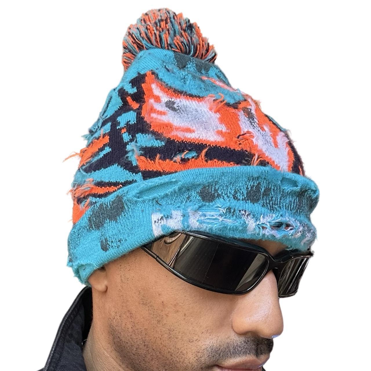 ASTROBOI* 'VOYAGER' Blue Distressed Painted Pom Pom Beanie , front right