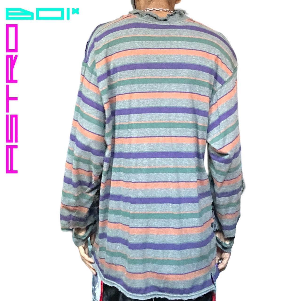 ASTROBOI* GRAY RIPPED GRUNGE STRIPED LONG SLEEVE OVERSIZED POLO SHIRT _ XL