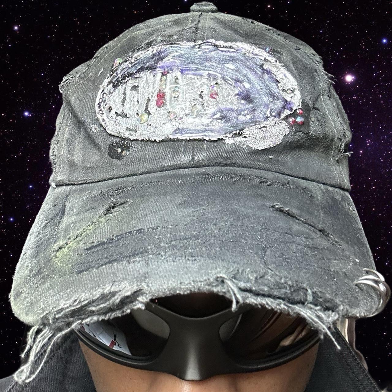 ASTROBOI* ‘Cosmos’ Black Distressed Hat – Rhinestone Metallic Resin Streetwear Cap, front