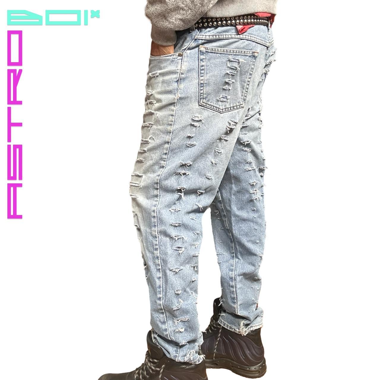 ASTROBOI* CUSTOM LIGHT BLUE RIPPED HYPER FADED JEANS _ 35x34"