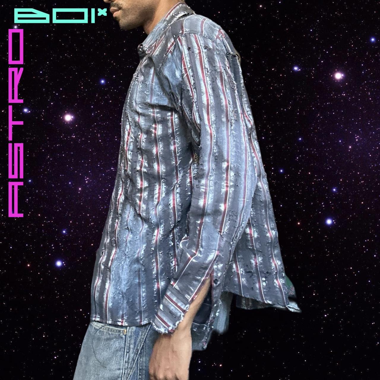 ASTROBOI* SILVER STRIPED DISTRESSED AIRBRUSHED BUTTON UP SHIRT_ XL