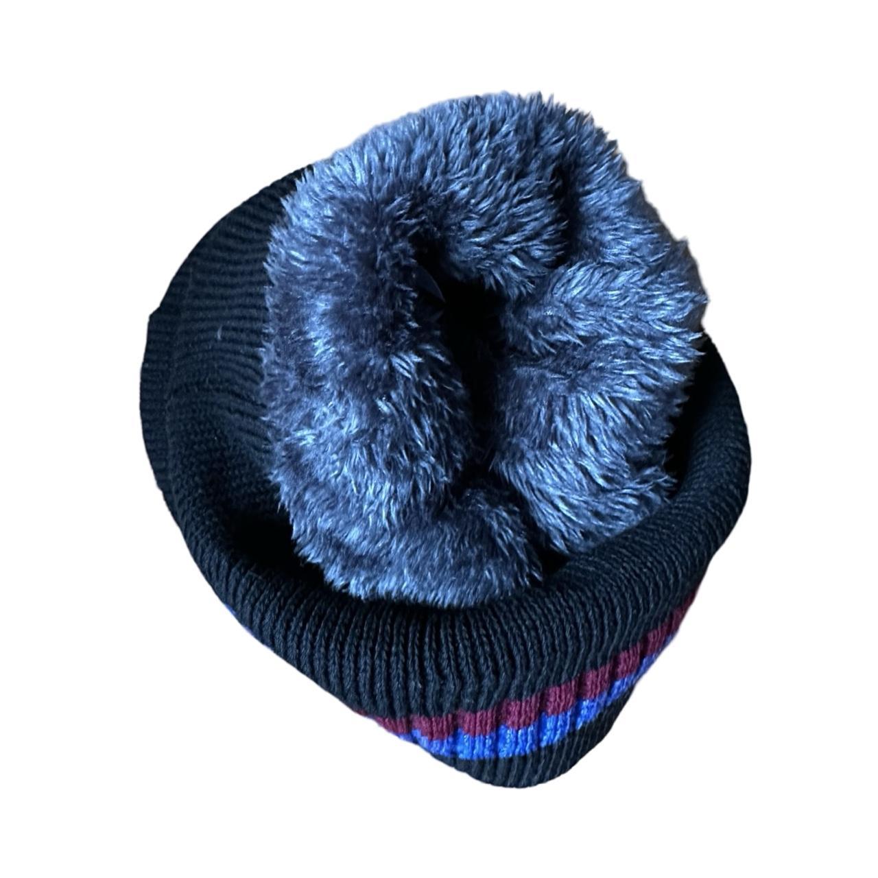 Vintage 90s Burgundy, Black & Blue Striped Beanie, fleece inside