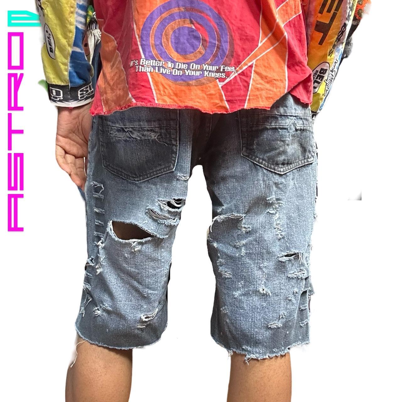 ASTROBOI* RIPPED BLACK & BLUE DENIM SHORTS - 36" WAIST