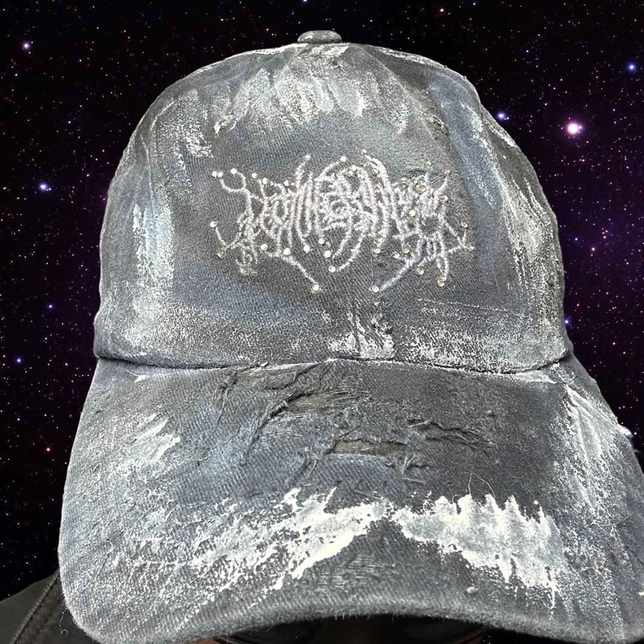 ASTROBOI* Blue Indie Barbed Wire Logo Painted Pierced Hat - front up close