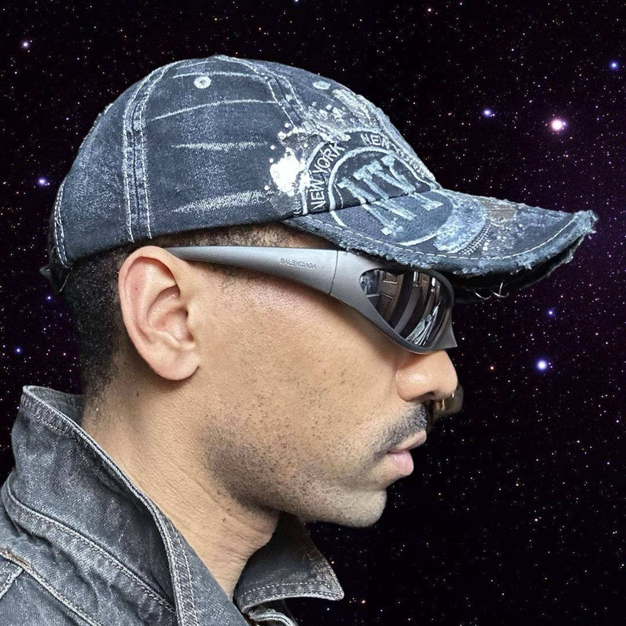 ASTROBOI* Y2K Faded Blue Denim Rhinestone Resin Hat, left