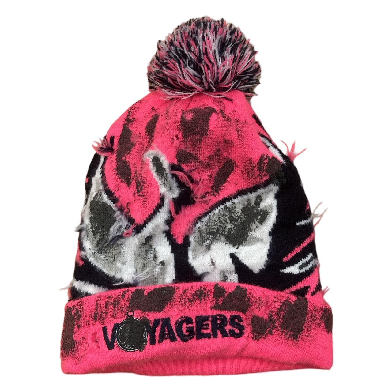 ASTROBOI* 'VOYAGER' Pink Distressed Swan Pom Pom Beanie, flat front