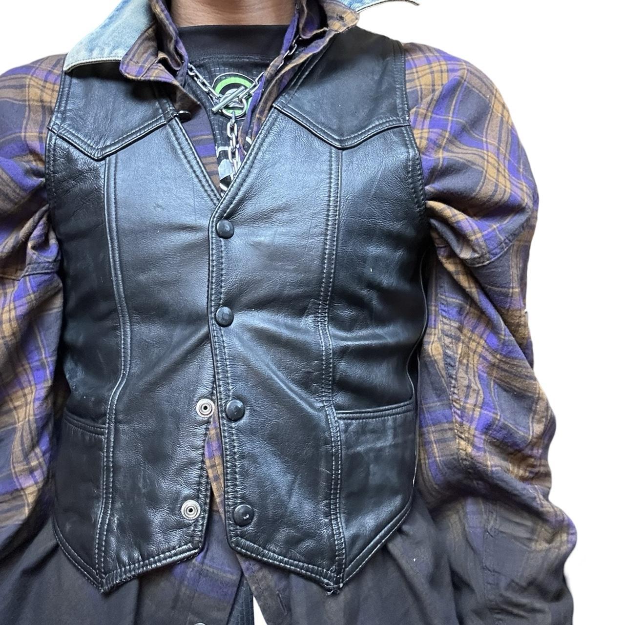 Vintage Black Leather Western Vest, close up