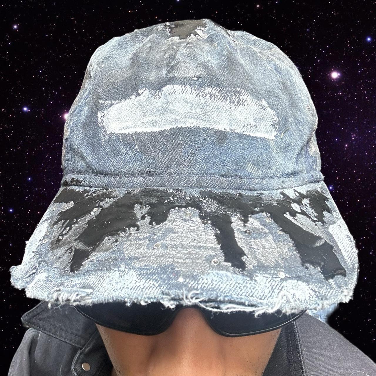 ASTROBOI* 'Denim Tar' Blue Distressed Painted Rhinestone Resin Hat - front close up