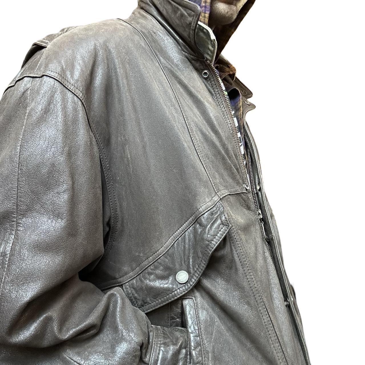 Vintage Canton Ridge Retro Brown Leather Bomber Jacket, left close up