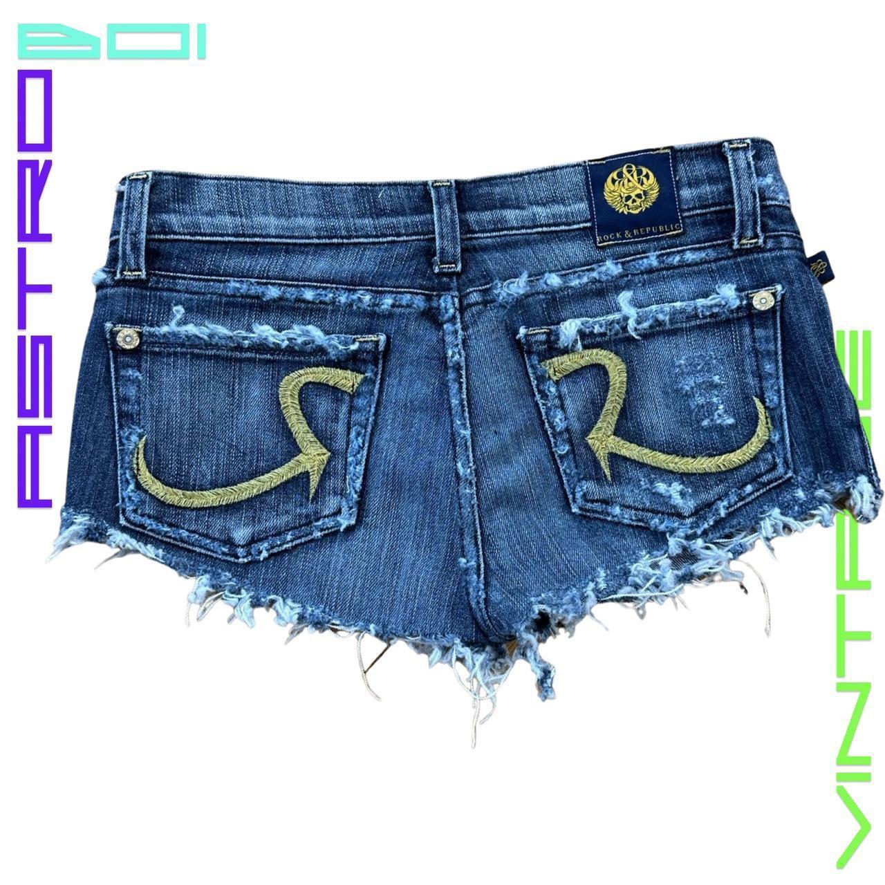 Rock & Republic Y2K Distressed Blue Denim Low Rise Mini Shorts - flat back