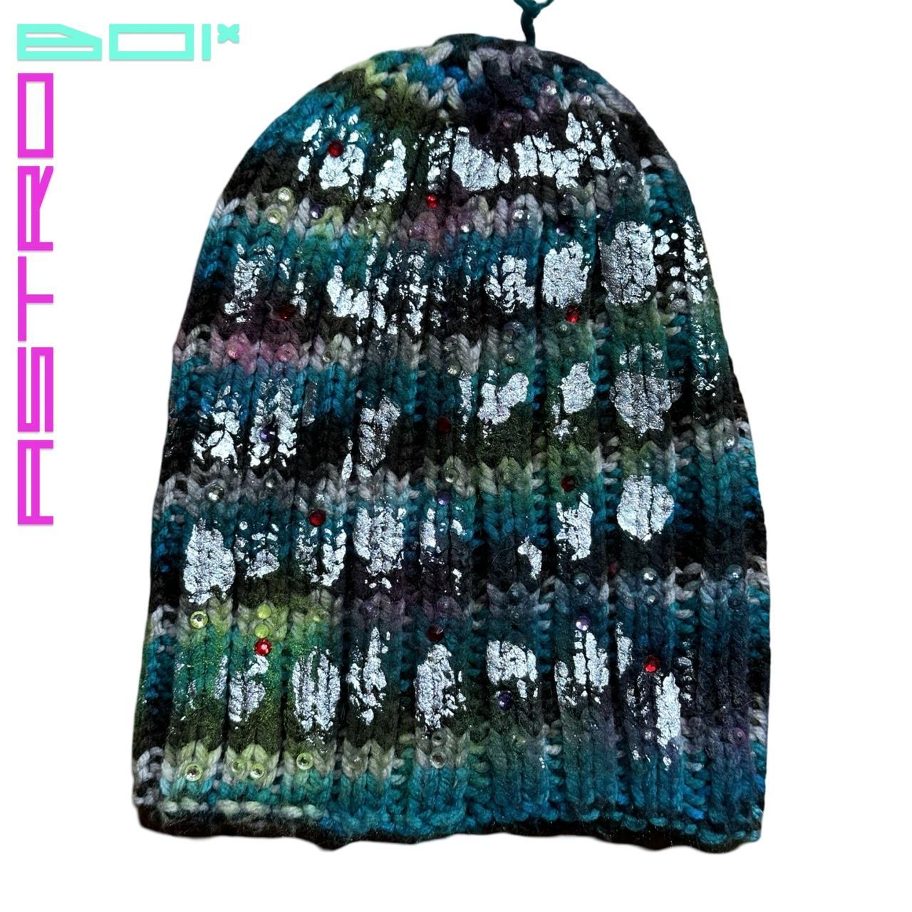 ASTROBOI* RADIOACTIVE ☢️ GREEN STRIPED KNIT RHINESTONE BEANIE