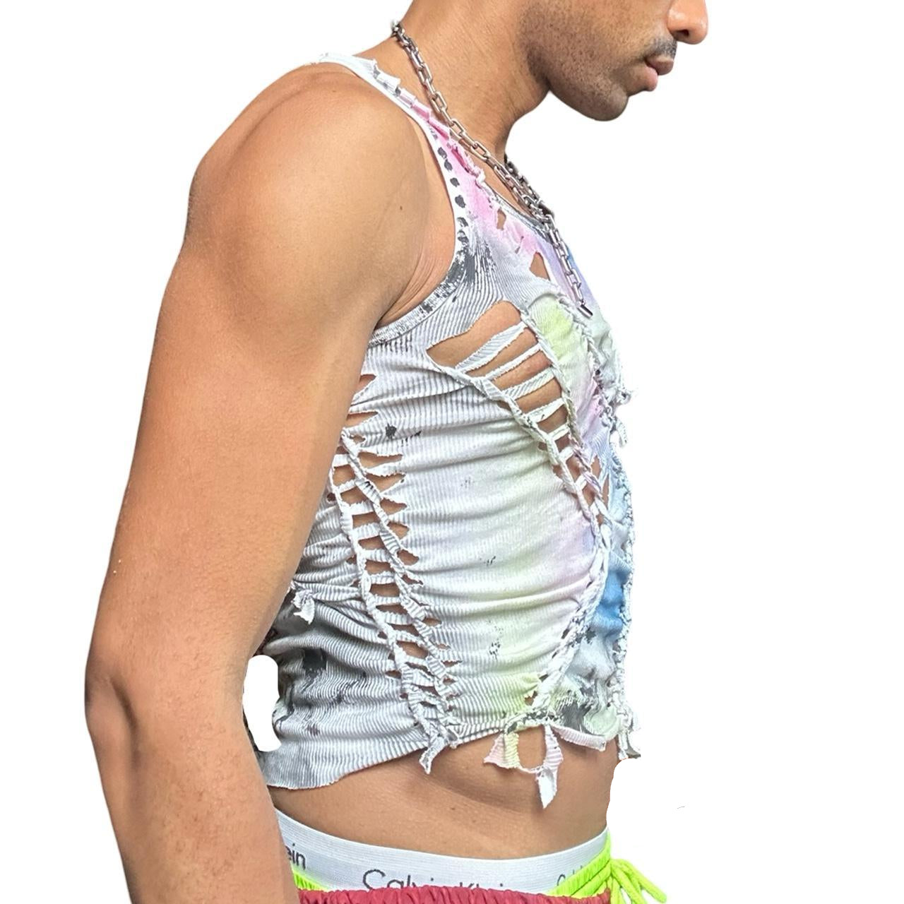 ASTROBOI* x Calvin Klein 'Technicolor' White Braided Rainbow Painted Twist Tank Top – right