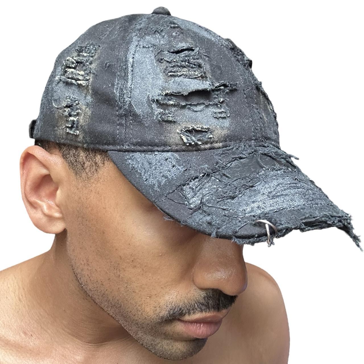 ASTROBOI* 'Thrashed' Black Distressed Denim Pierced Hat - front left