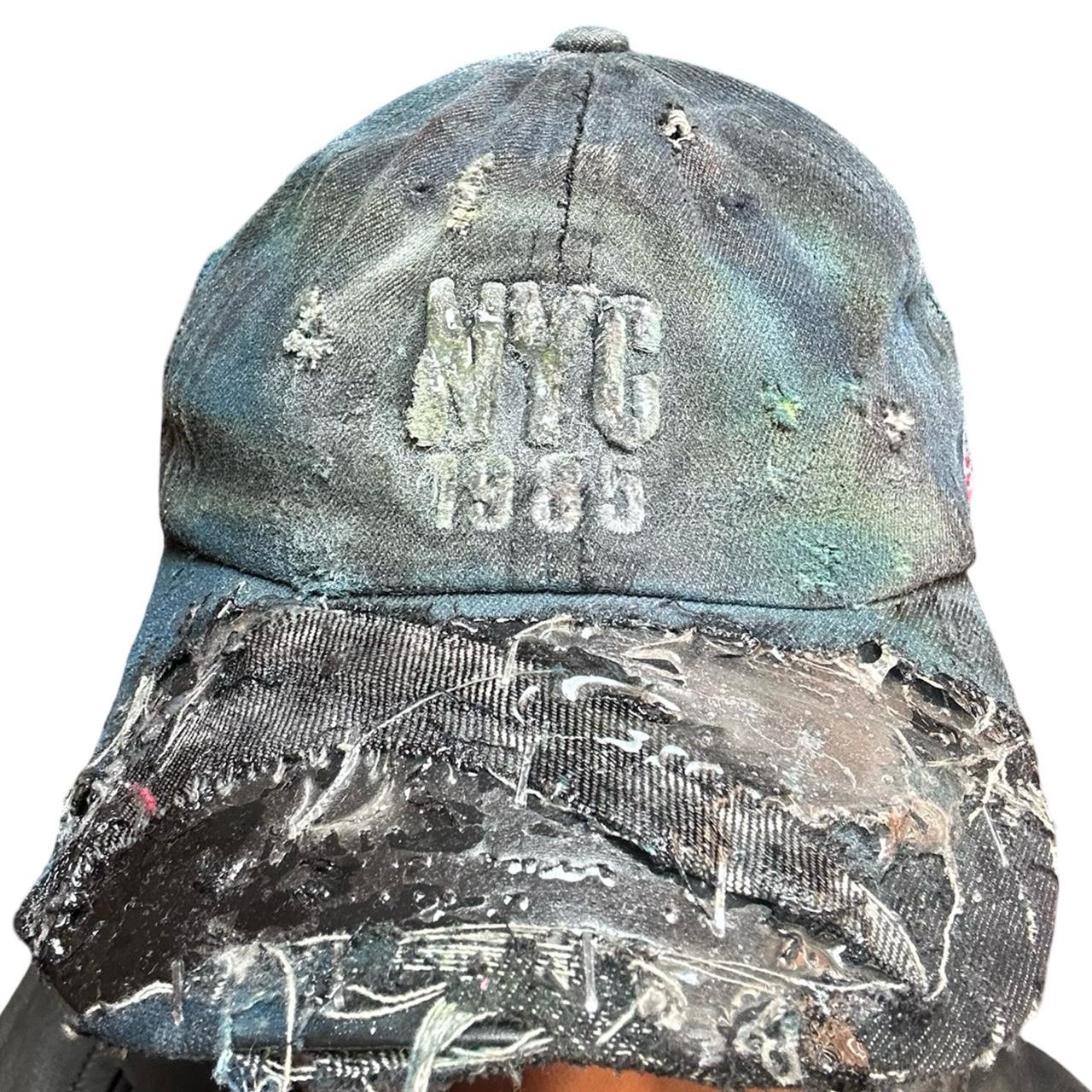 ASTROBOI* NYC Distressed & Deconstructed Black Denim Resin Hat , front upclose