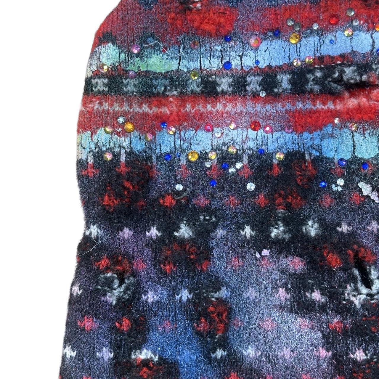 ASTROBOI* Distressed Fair Isle Black Rhinestone Beanie, front flat upclose