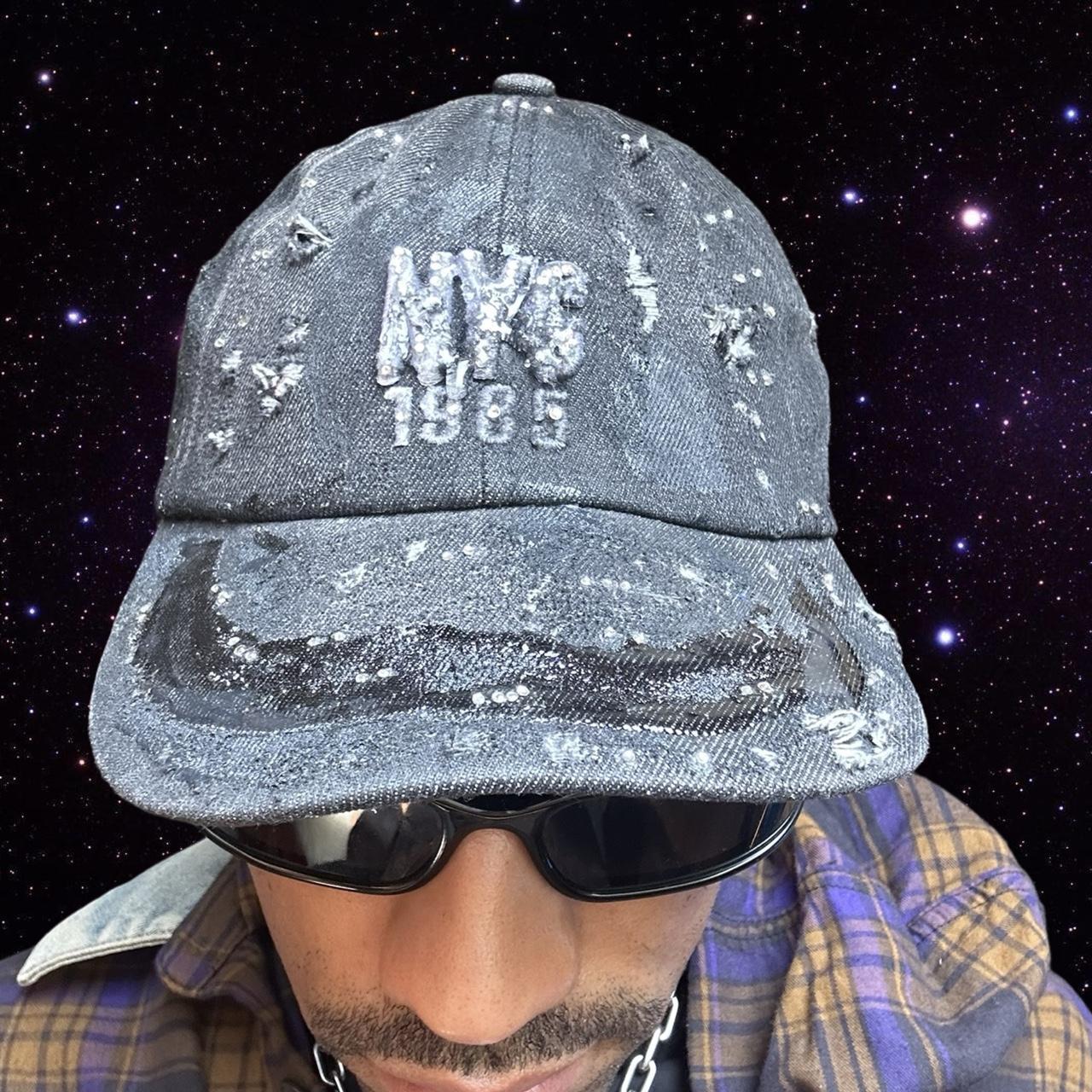 ASTROBOI* New York Black Distressed Denim Resin & Rhinestone Hat - front
