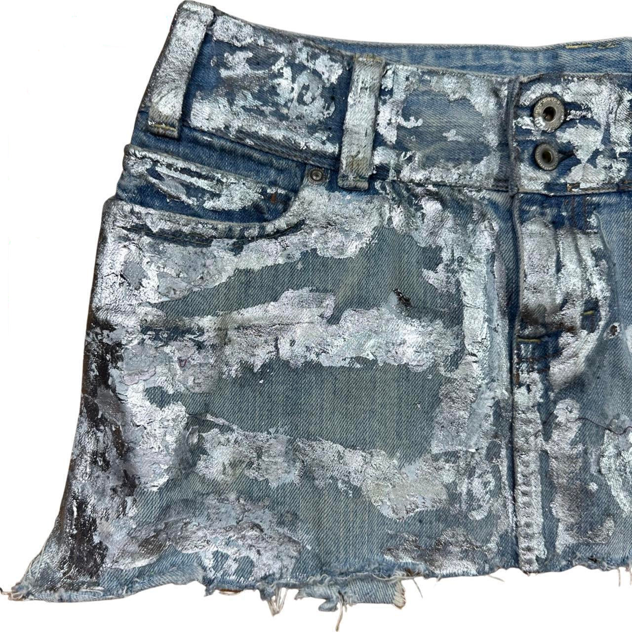 ASTROBOI* Y2K Silver Foiled Blue Denim Mini Skirt - flat lay