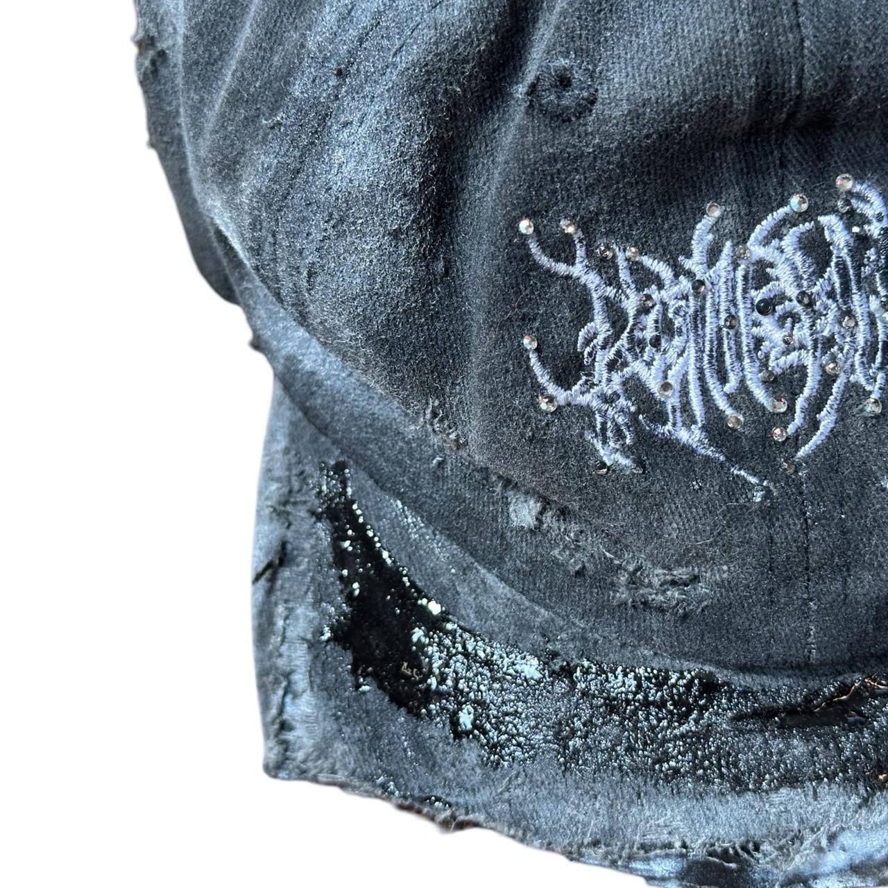 ASTROBOI* 'Chalk' Black Distressed Half Visor Resin Rhinestone Hat - close up detail
