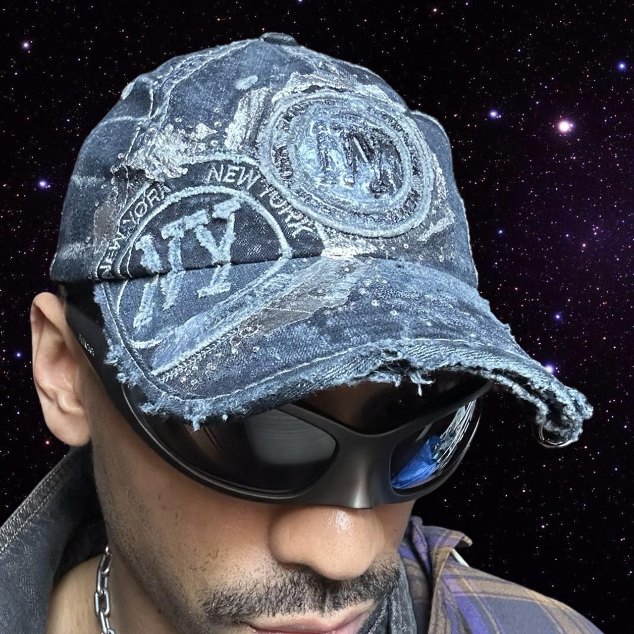 ASTROBOI* Y2K Faded Blue Denim Rhinestone Resin Hat, left side