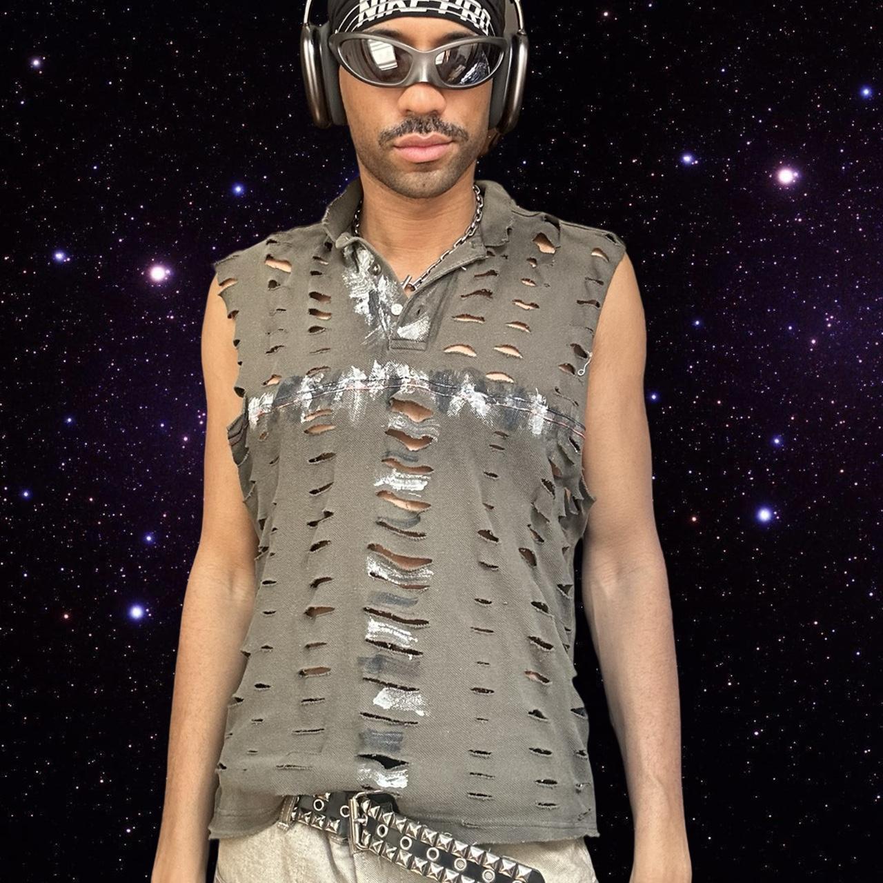 ASTROBOI* Grey Grunge Painted Sleeveless Polo - front 2