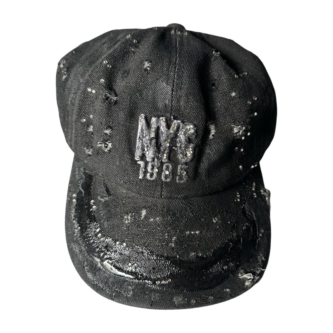 ASTROBOI* New York Black Distressed Denim Resin & Rhinestone Hat - flat front