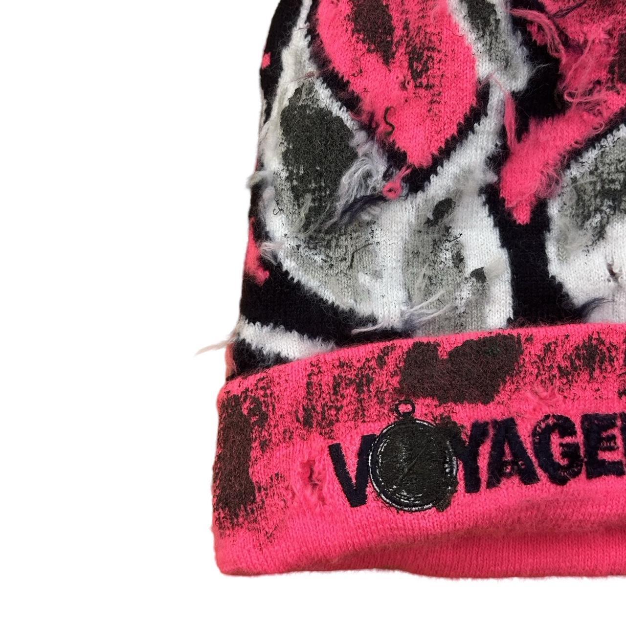 ASTROBOI* 'VOYAGER' Pink Distressed Swan Pom Pom Beanie, flat detail