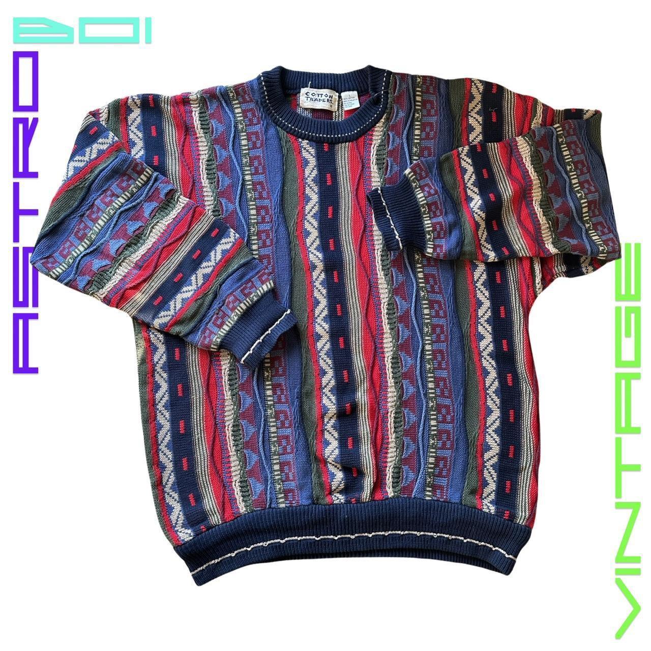 Vintage Cotton Traders Men's Blue/Red Eclectic Coogi Patterned Sweater - Large
