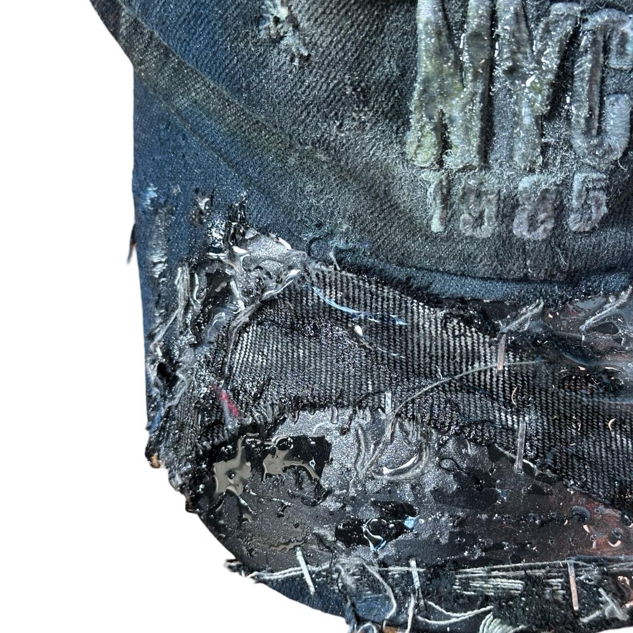 ASTROBOI* NYC Distressed & Deconstructed Black Denim Resin Hat , flat detail