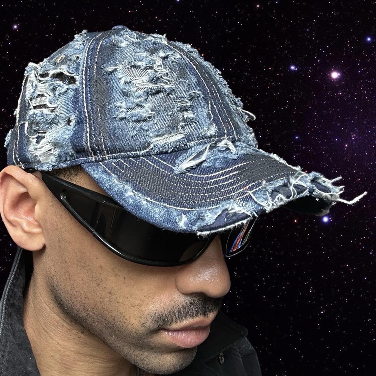 ASTROBOI* Distressed Denim Mid Blue & Black Streetwear Cap, right 2