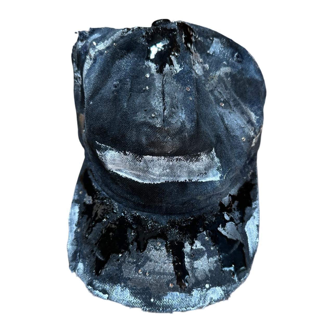 ASTROBOI* 'Denim Tar' Blue Distressed Painted Rhinestone Resin Hat - flat